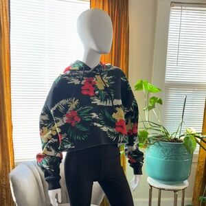 Urban Outfitters Black Cropped Hoodie Sweater with Red & Yellow Floral Print